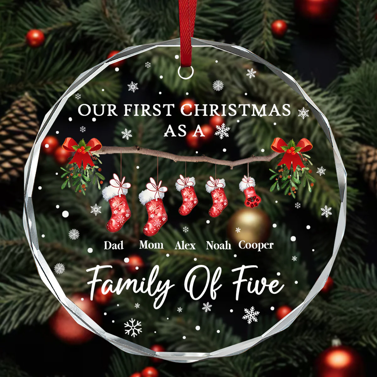 1st Christmas Of Baby And Family - Personalized Round Shaped Glass Ornament - Image 3