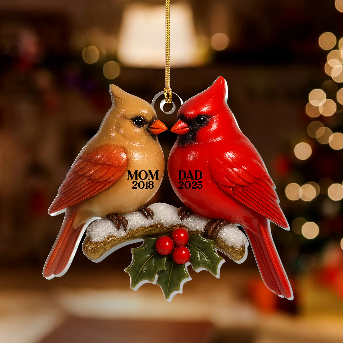 3D Effect Vintage Nostalgic Cardinals - Personalized 1-Layer Acrylic Ornament - Image 2