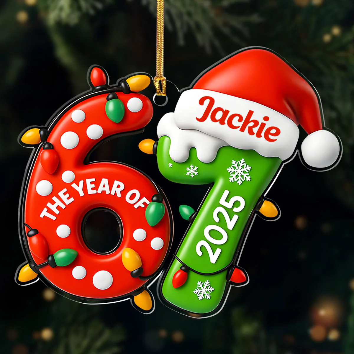 67 Six Seven 3D Effect Lights and Santa Hat - Personalized 1-Layer Acrylic Ornament