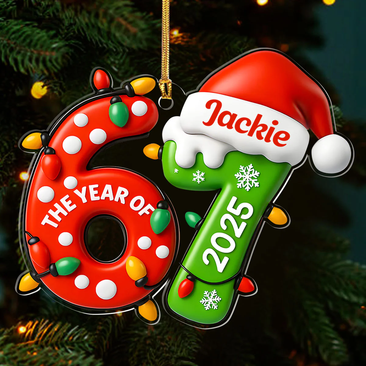 67 Six Seven 3D Effect Lights and Santa Hat - Personalized 1-Layer Acrylic Ornament - Image 3