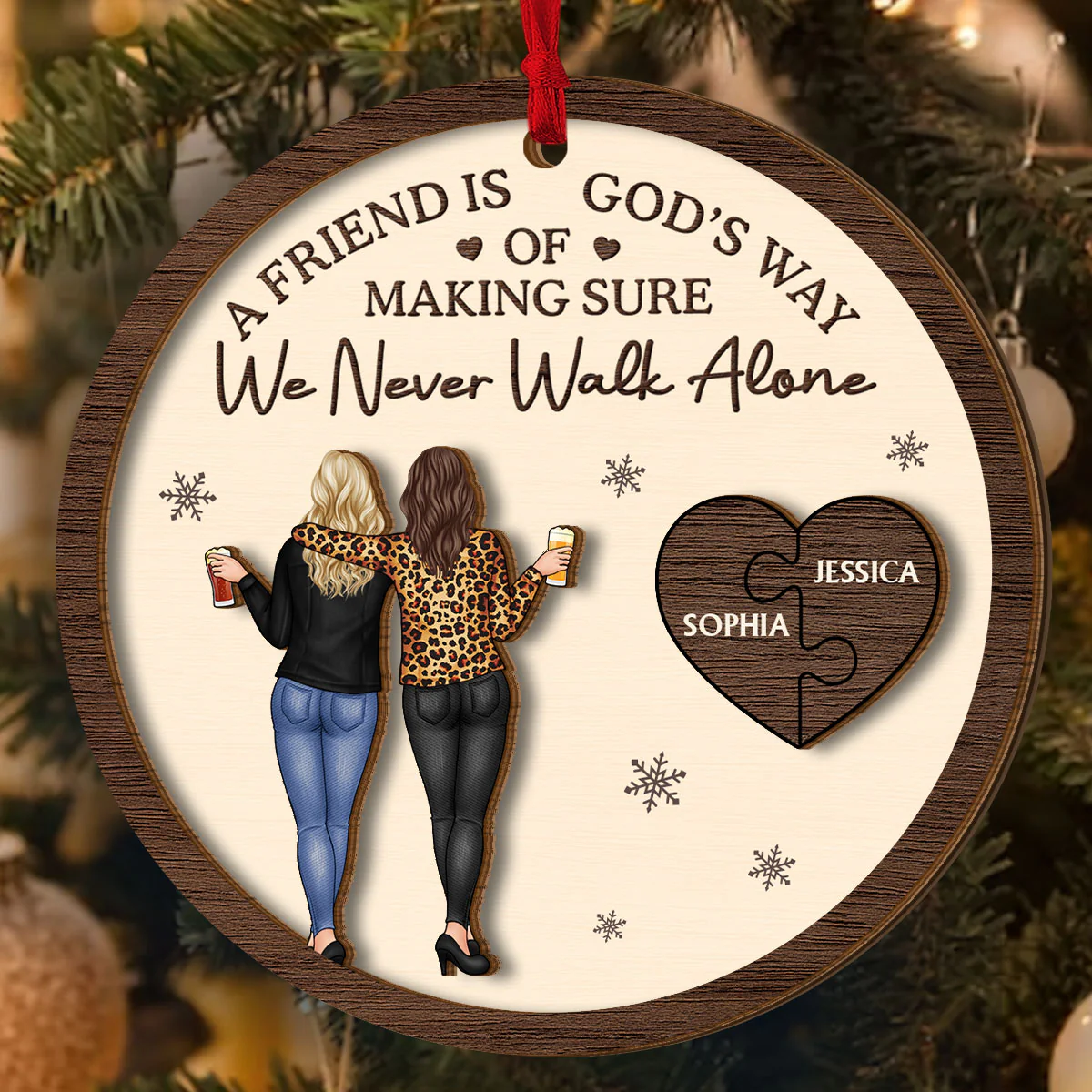 A Friend Is God's Way Of Making Sure We Never Walk Alone - Personalized 2-Layered Wooden Ornament - Image 4