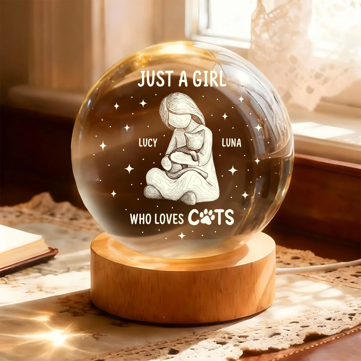 A Girl And Her Cat A Bond That Can't Be Broken - Personalized Crystal Ball Night Light - Image 4