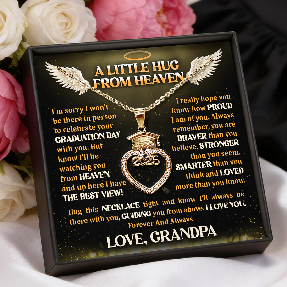 A Little Hug From Heaven - Personalized Grad Cap Heart Necklace With Box & Card 2026 - Image 3