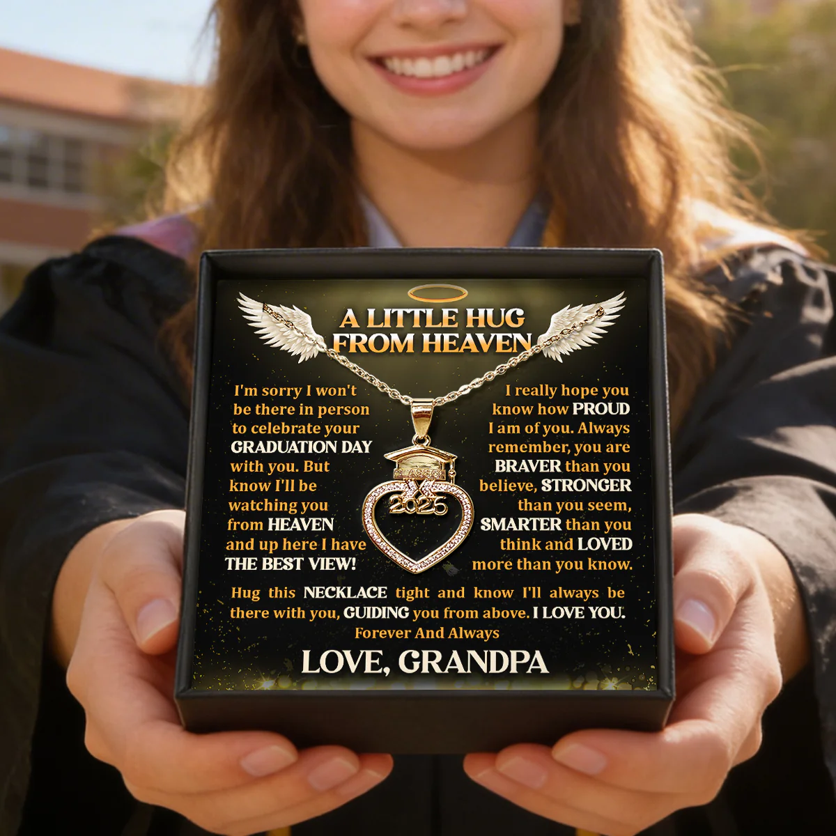 A Little Hug From Heaven - Personalized Grad Cap Heart Necklace With Box & Card 2026 - Image 4