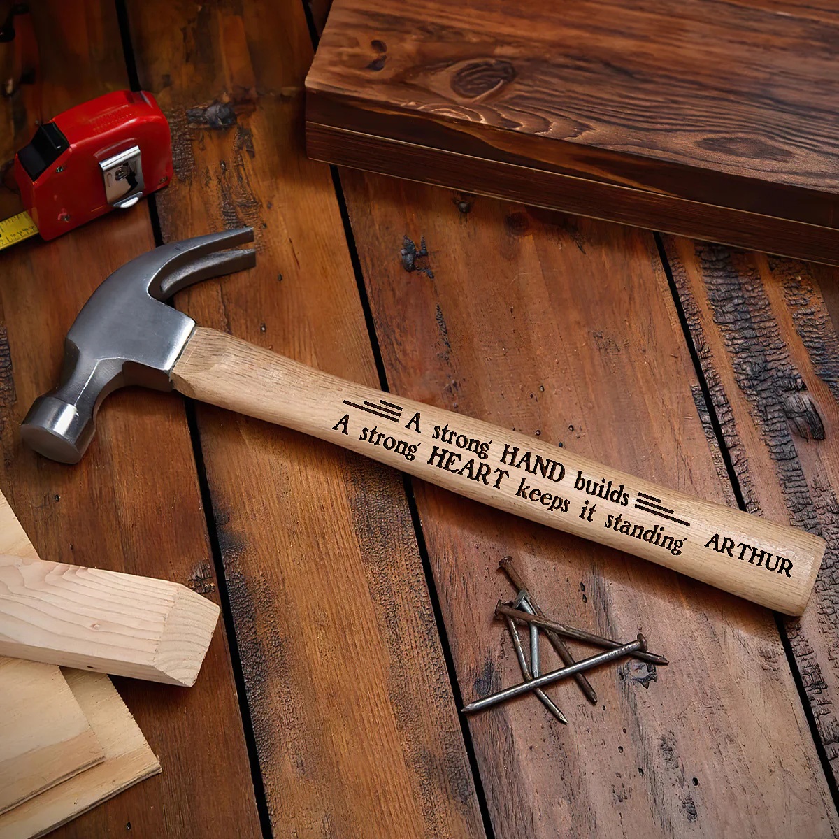 A Strong Hand Builds, A Strong Heart Keeps It Standing - Personalized Wooden Hammer - Image 4