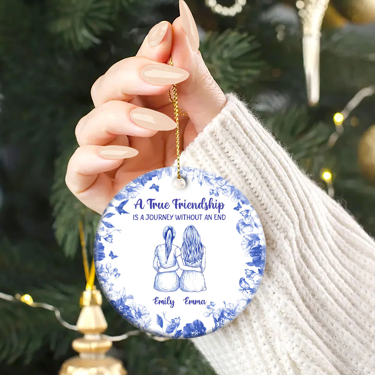 A True Friendship Is A Journey Without An End - Personalized Round Shaped Ceramic Ornament - Image 2