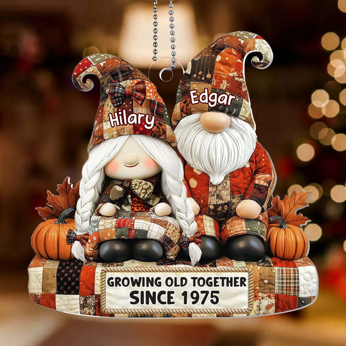 Adorable Patchwork Gnome Pair - Personalized 1-Layer Acrylic Ornament - Image 2