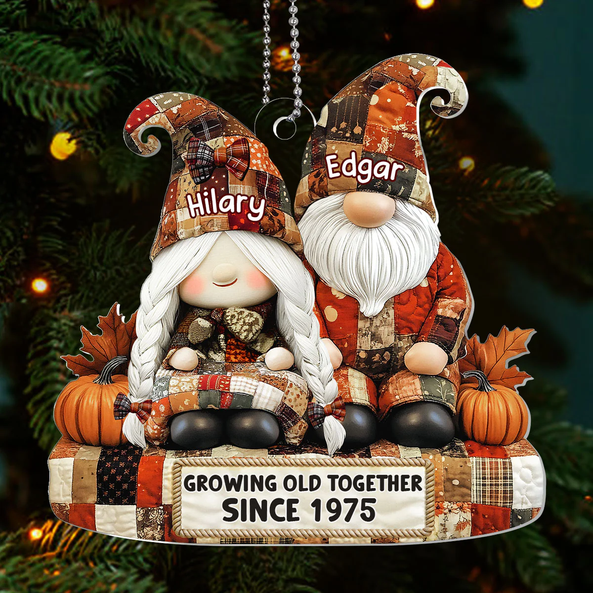 Adorable Patchwork Gnome Pair - Personalized 1-Layer Acrylic Ornament - Image 3