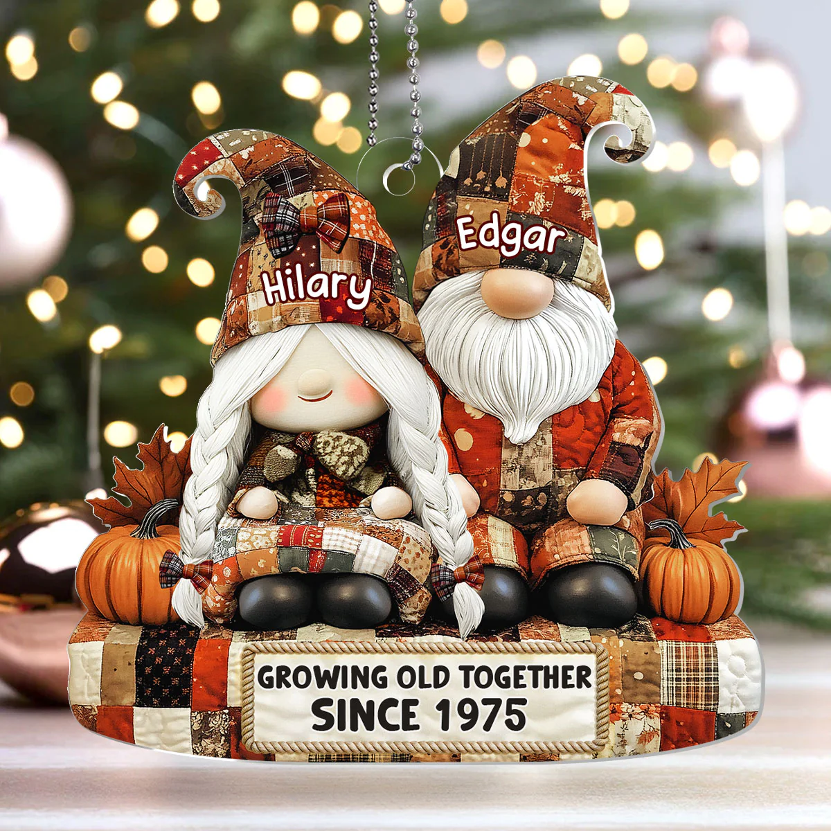 Adorable Patchwork Gnome Pair - Personalized 1-Layer Acrylic Ornament - Image 4