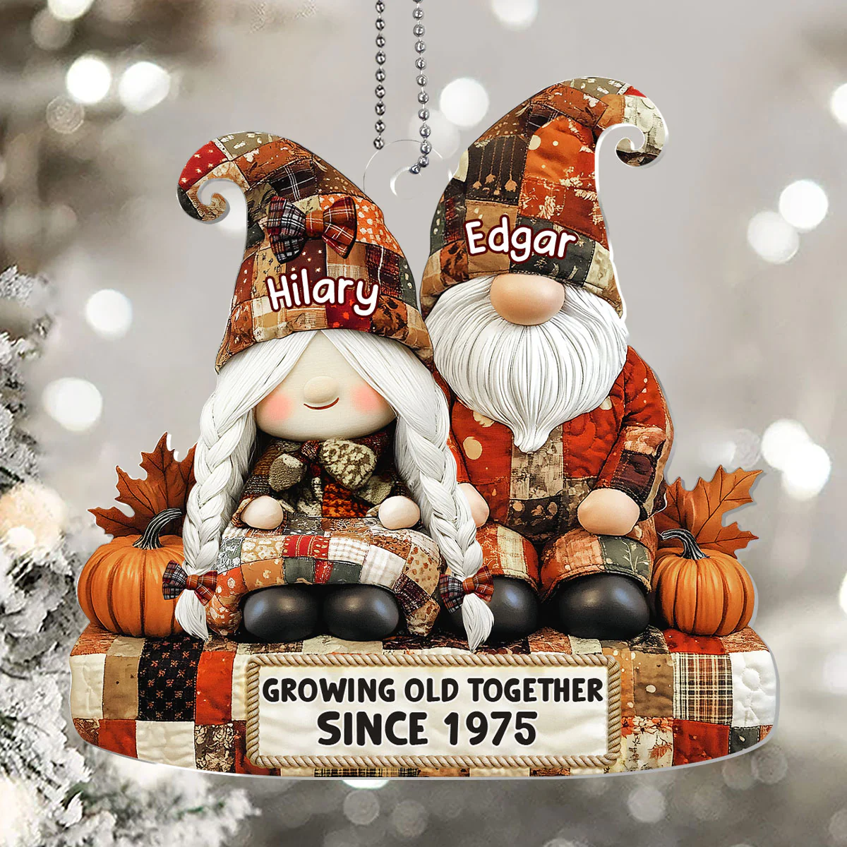 Adorable Patchwork Gnome Pair - Personalized 1-Layer Acrylic Ornament - Image 5
