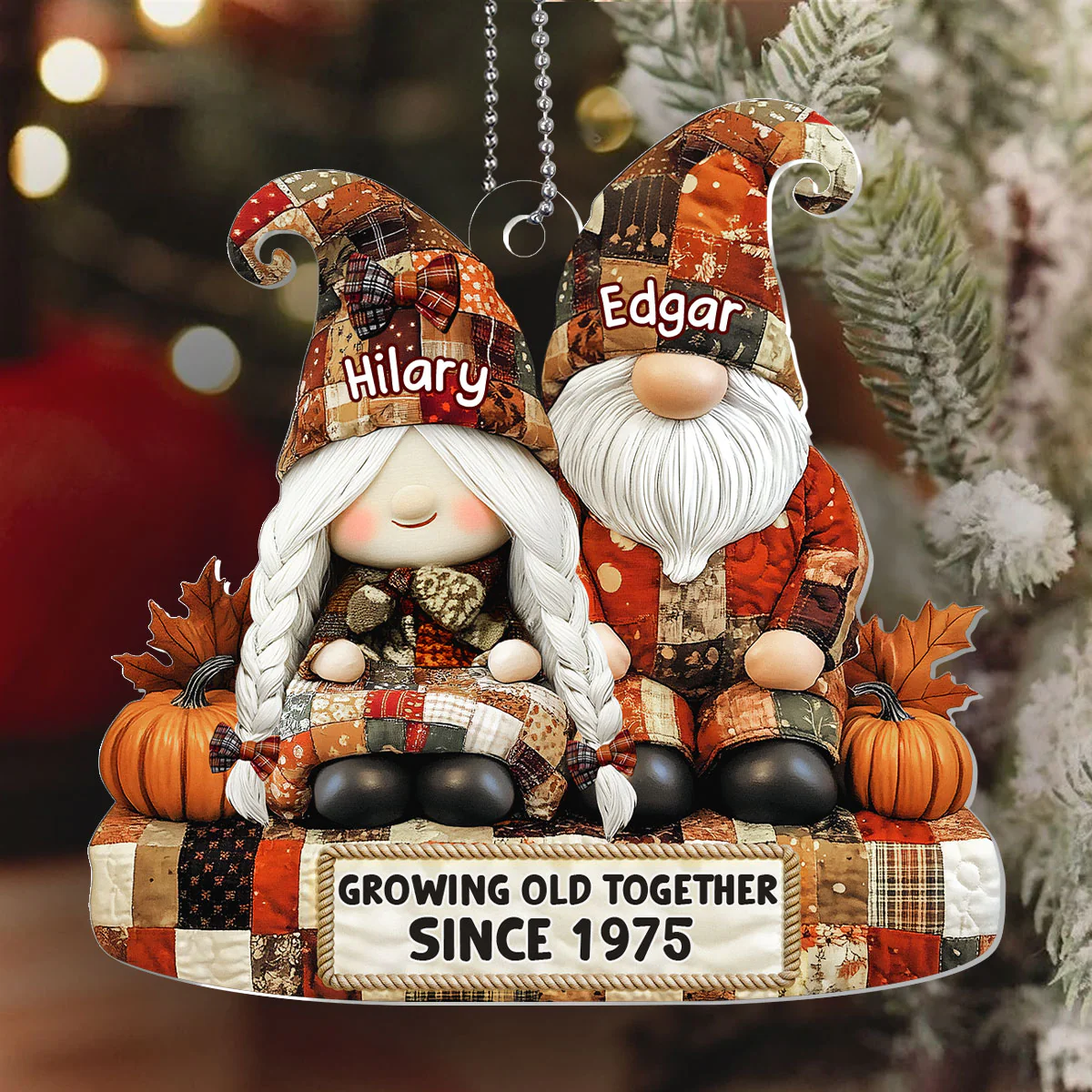 Adorable Patchwork Gnome Pair - Personalized 1-Layer Acrylic Ornament - Image 6