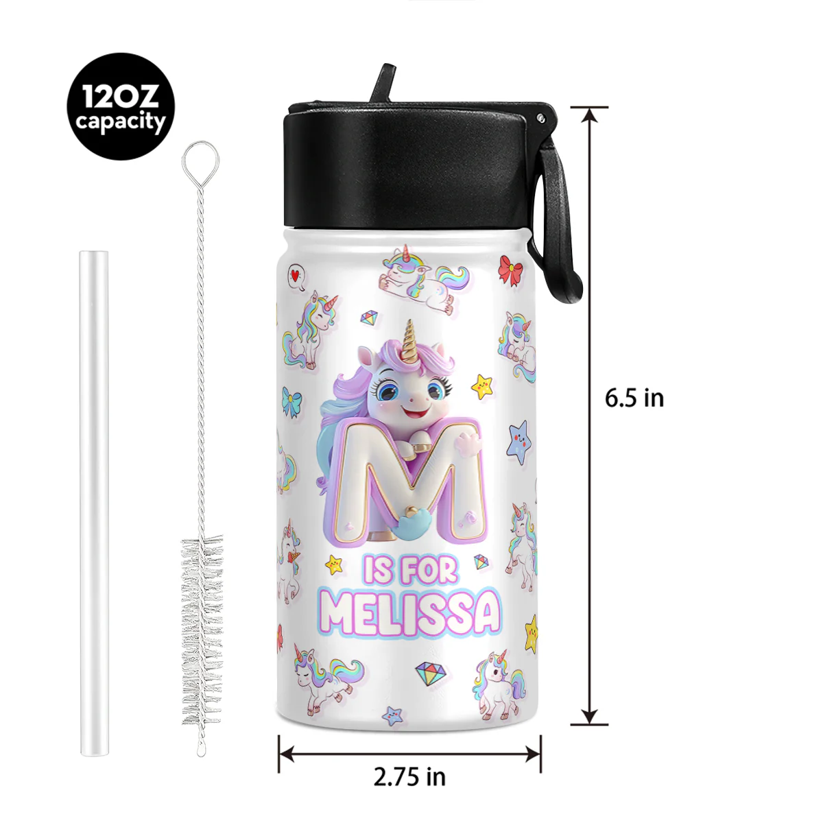 Adorable Unicorn Alphabets - Personalized Kids Stainless Steel Water Bottle - Image 5