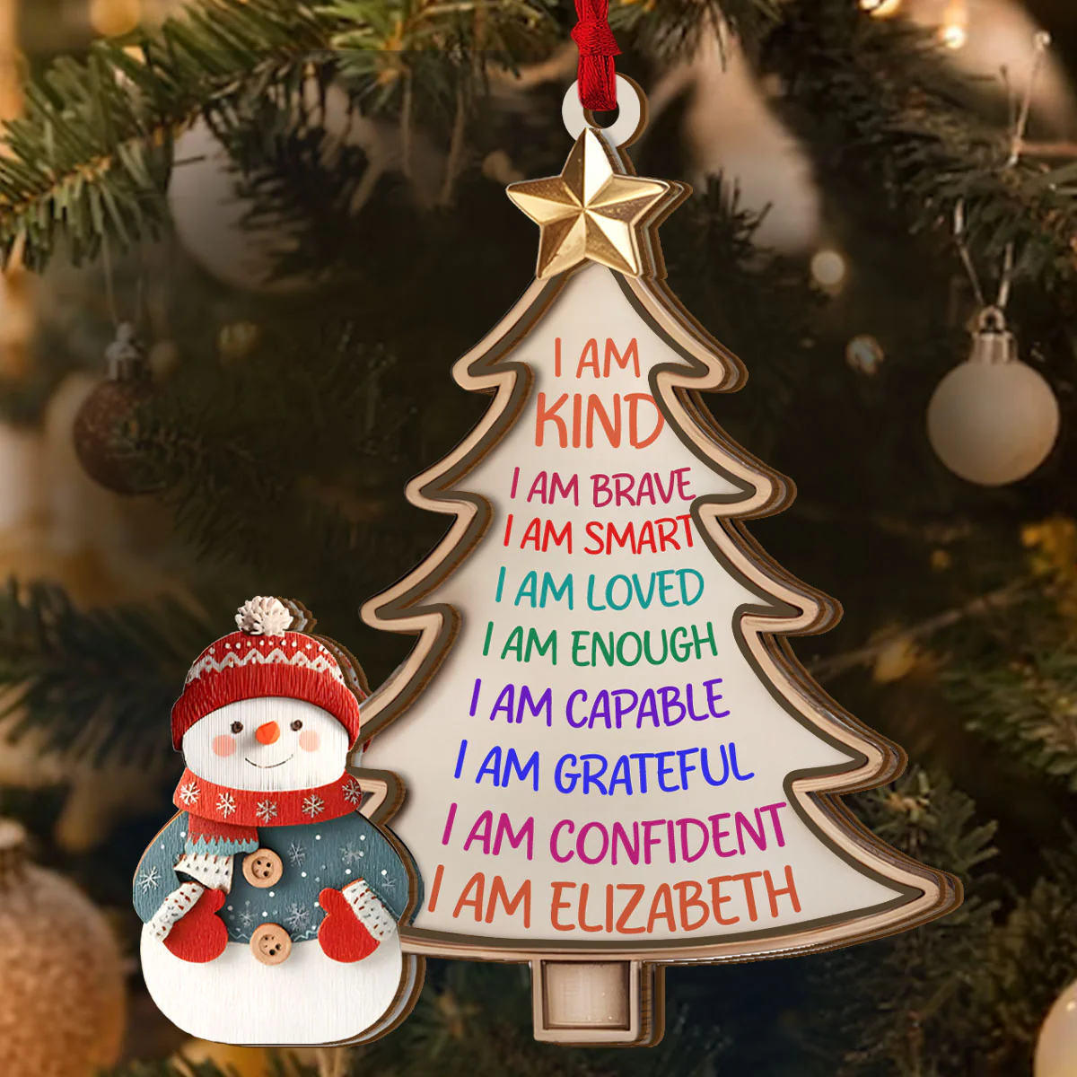 Affirmation Snowman Tree - Personalized 2-Layered Wooden Ornament - Image 4