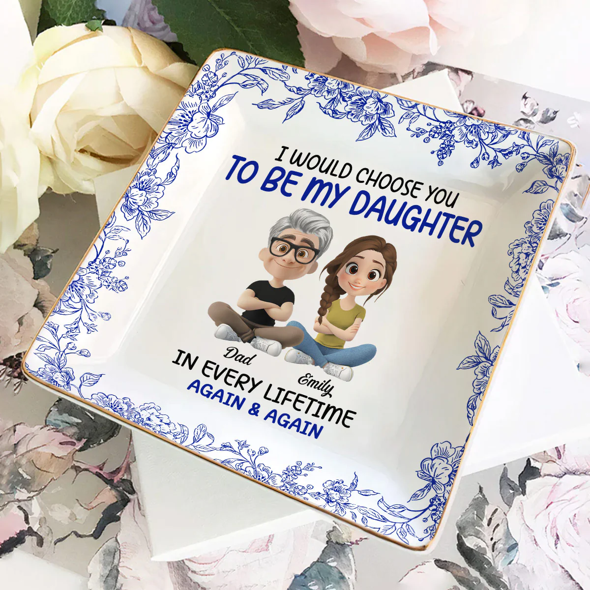 Always Choose You My Daughter Toile De Jouy - Personalized Ceramic Ring Dish Square - Image 2