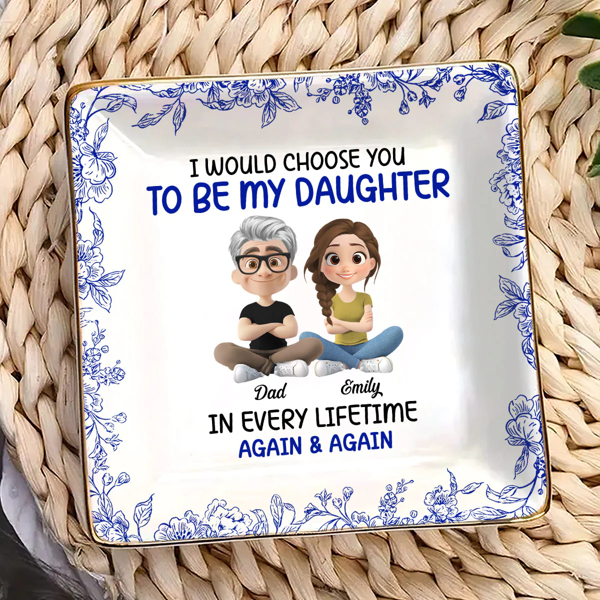Always Choose You My Daughter Toile De Jouy - Personalized Ceramic Ring Dish Square - Image 3