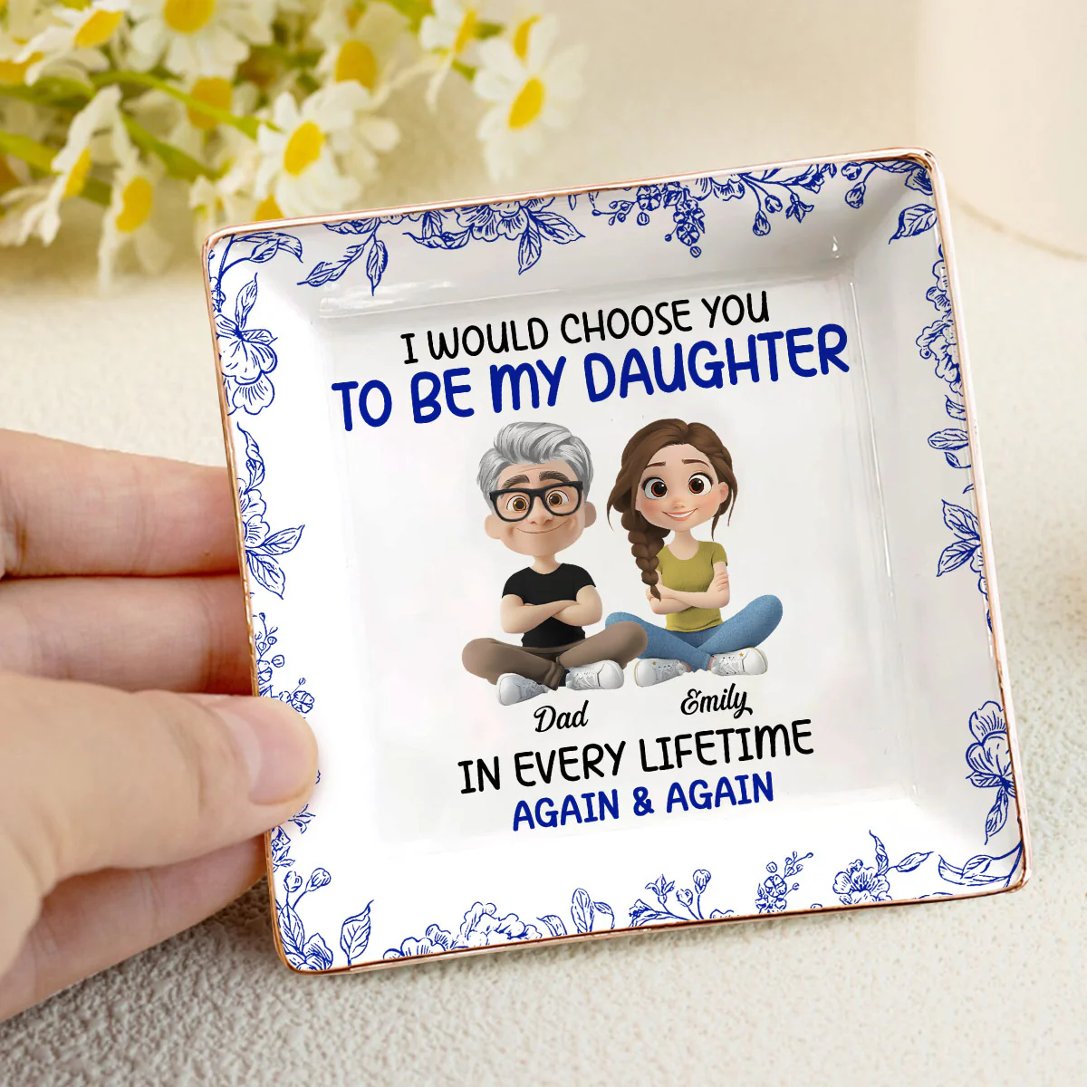 Always Choose You My Daughter Toile De Jouy - Personalized Ceramic Ring Dish Square - Image 4