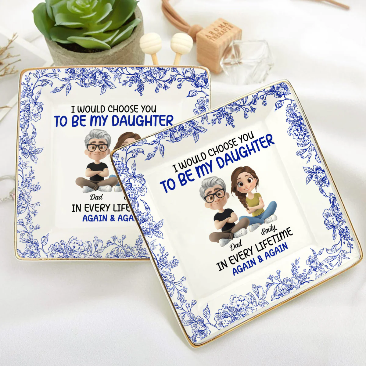 Always Choose You My Daughter Toile De Jouy - Personalized Ceramic Ring Dish Square - Image 5