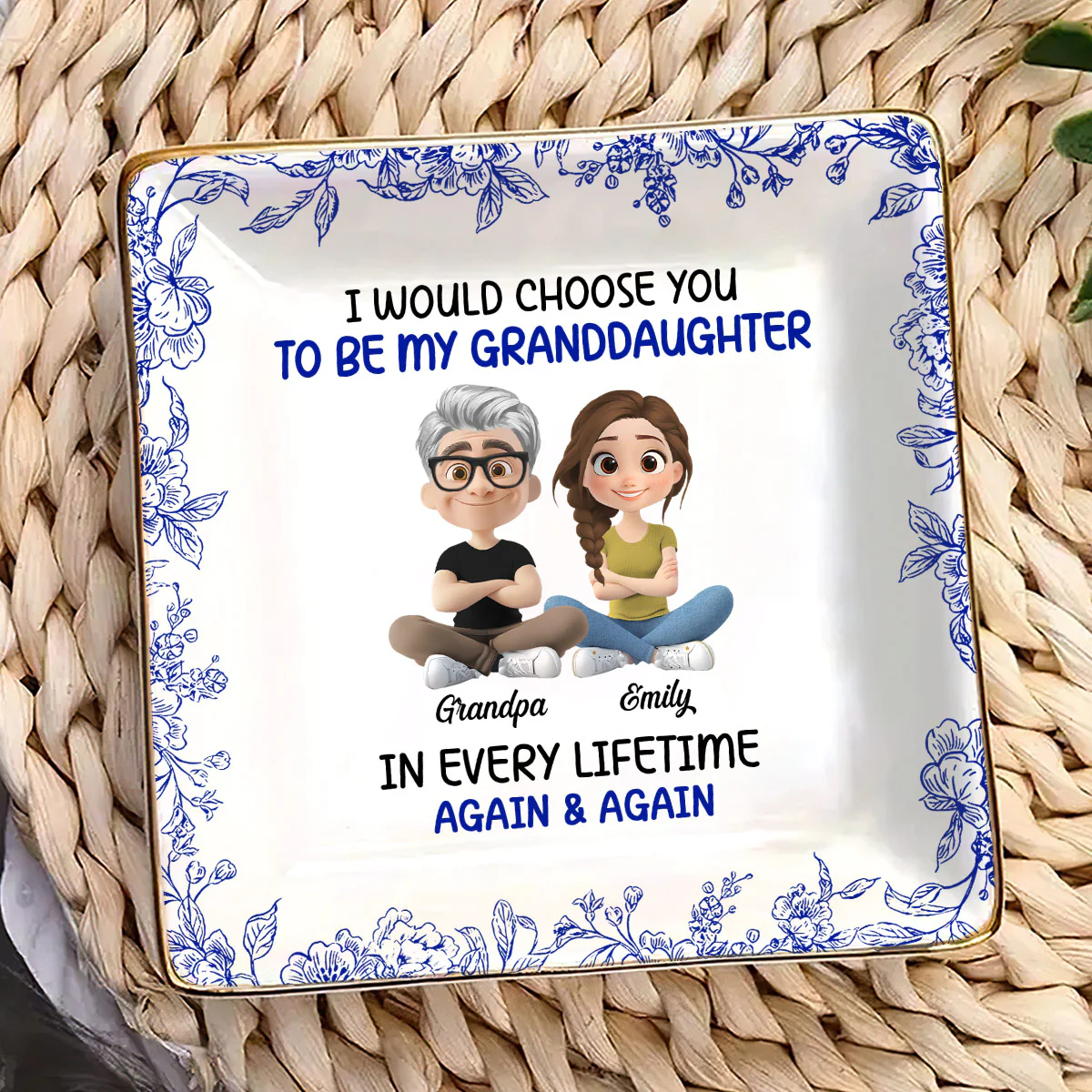 Always Choose You My Granddaughter Toile De Jouy - Personalized Ceramic Ring Dish Square - Image 3