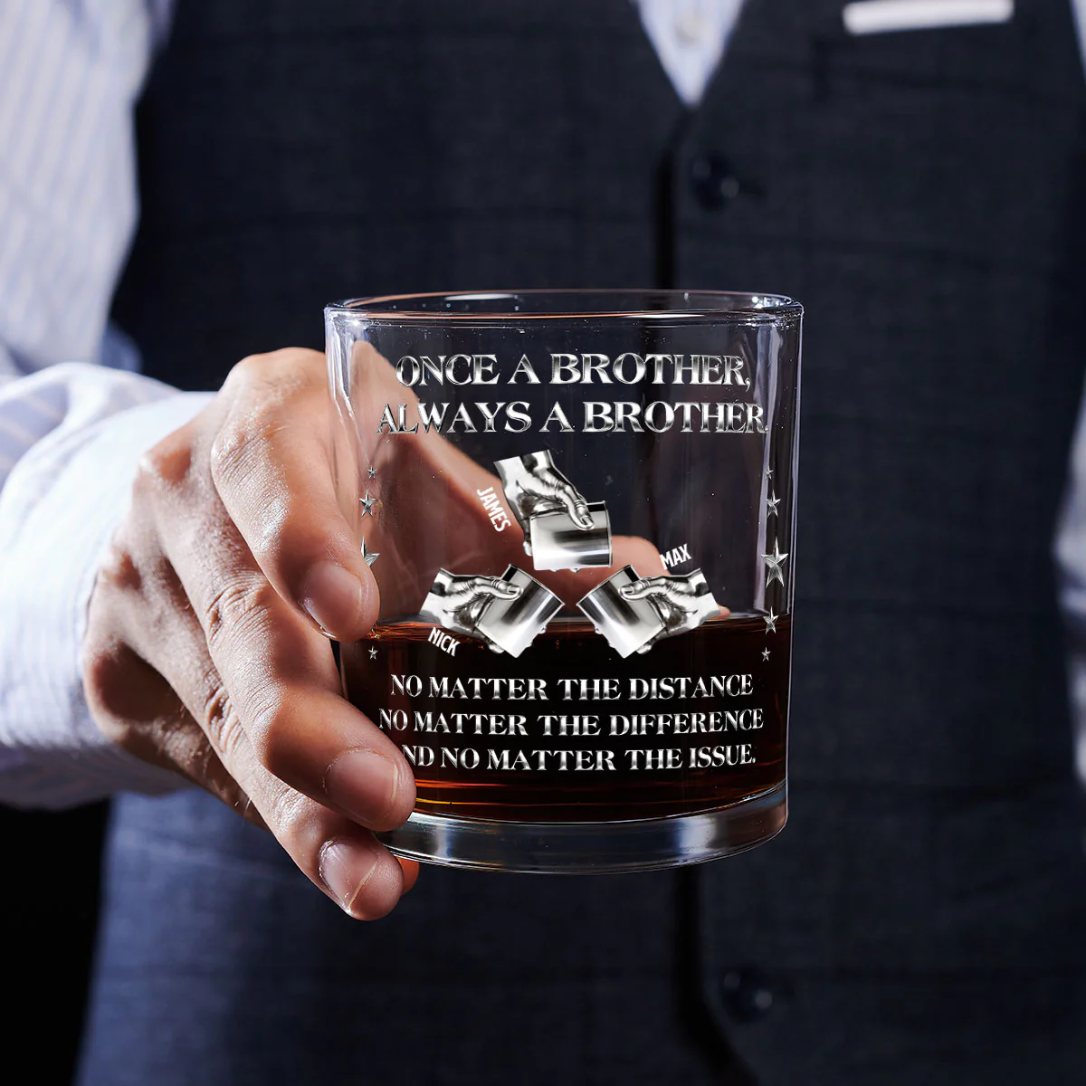 Always My Brothers - Personalized Round Whiskey Glass - Image 4
