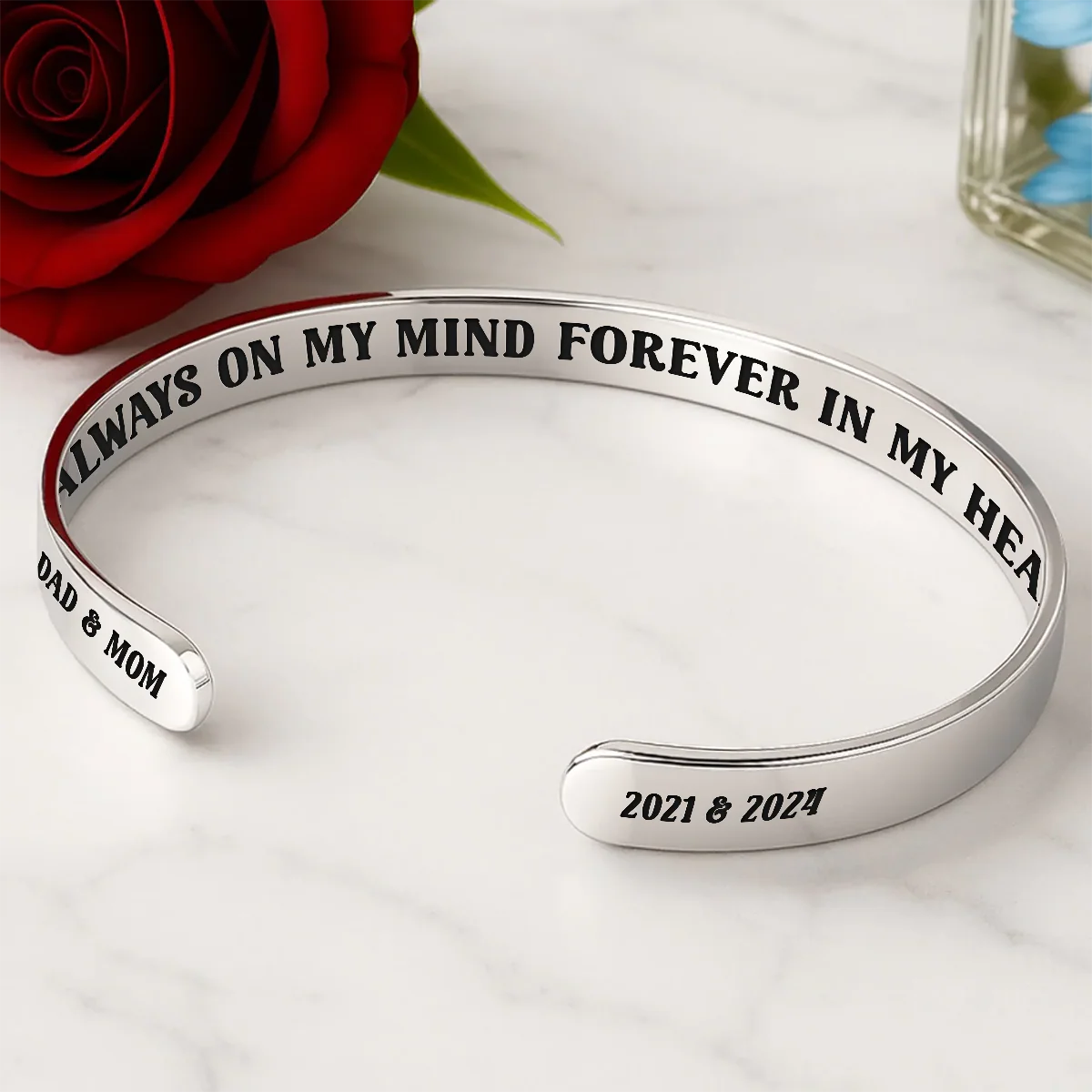 Always On My Mind Forever In My Heart - Personalized Cuff Bangle Bracelet With Box - Image 5