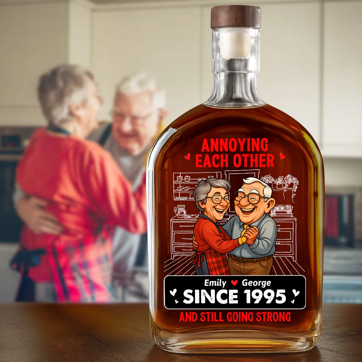 Annoying Each Other For Years Caricature Style - Personalized Whiskey Bottle