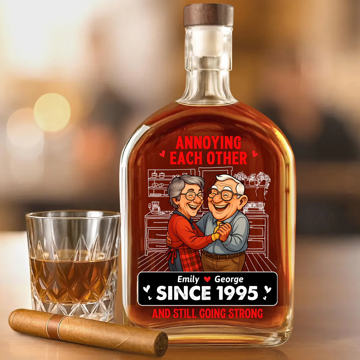 Annoying Each Other For Years Caricature Style - Personalized Whiskey Bottle - Image 2