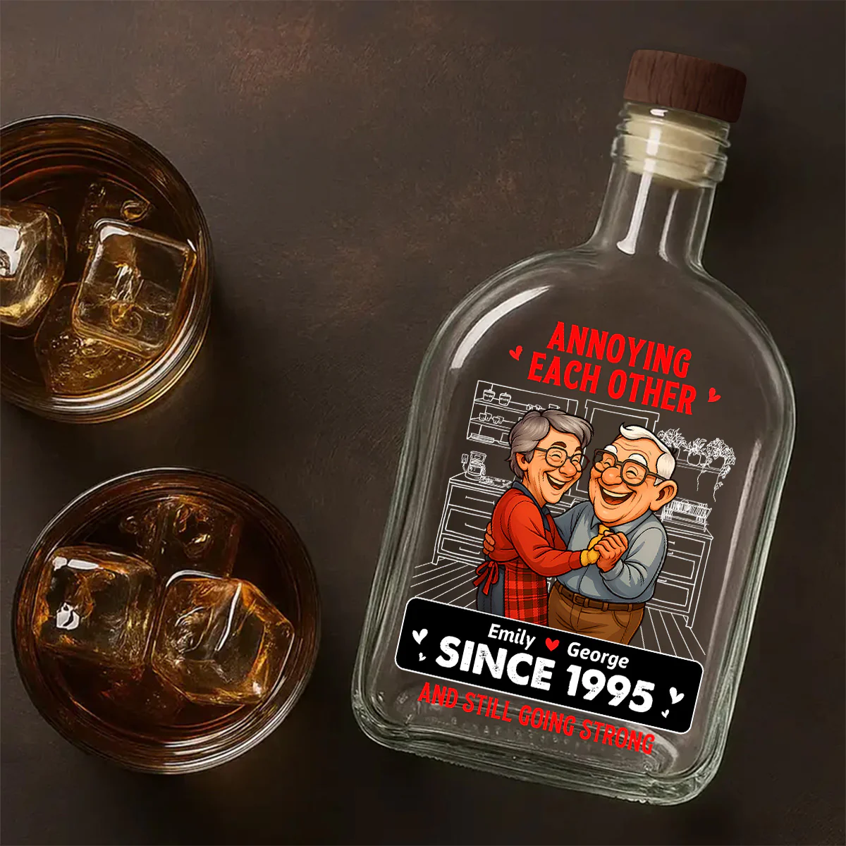 Annoying Each Other For Years Caricature Style - Personalized Whiskey Bottle - Image 5