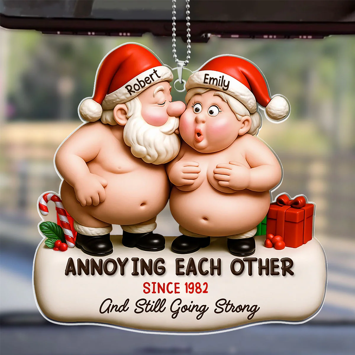 Annoying Each Other Santa Hats  - Personalized Car Acrylic Hanging Ornament - Image 4