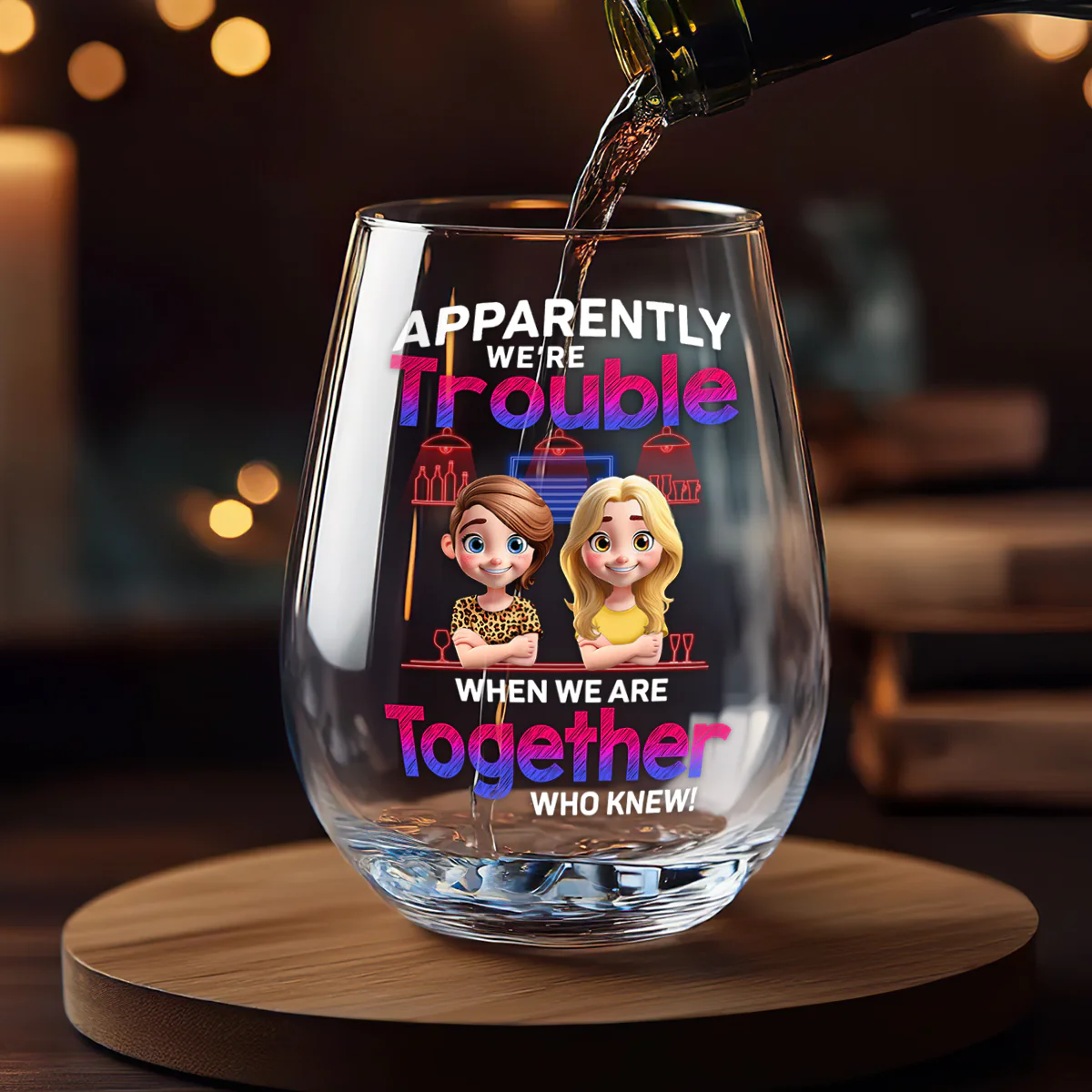 Apparently We're Trouble - Personalized Stemless Wine Glass - Image 2