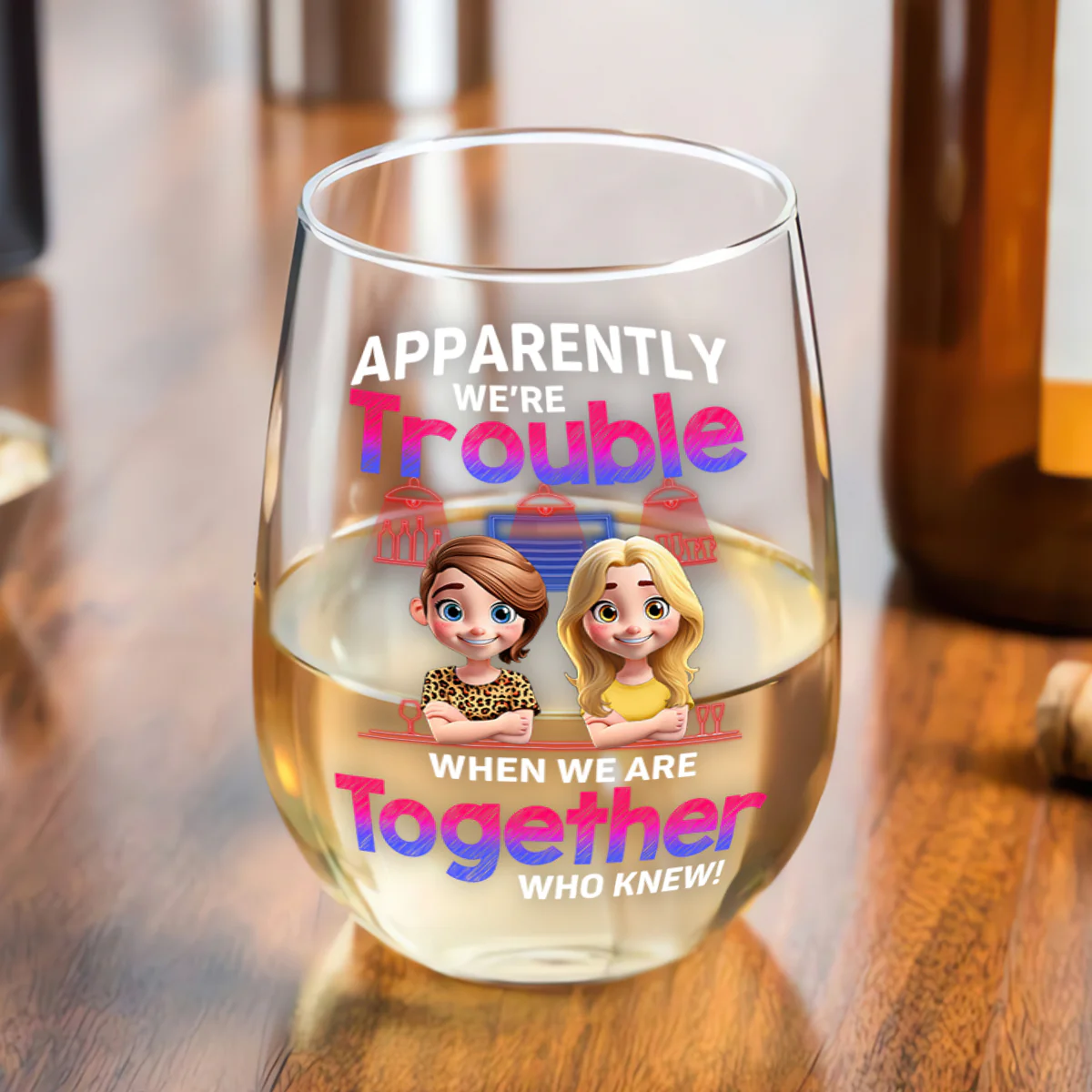 Apparently We're Trouble - Personalized Stemless Wine Glass - Image 3