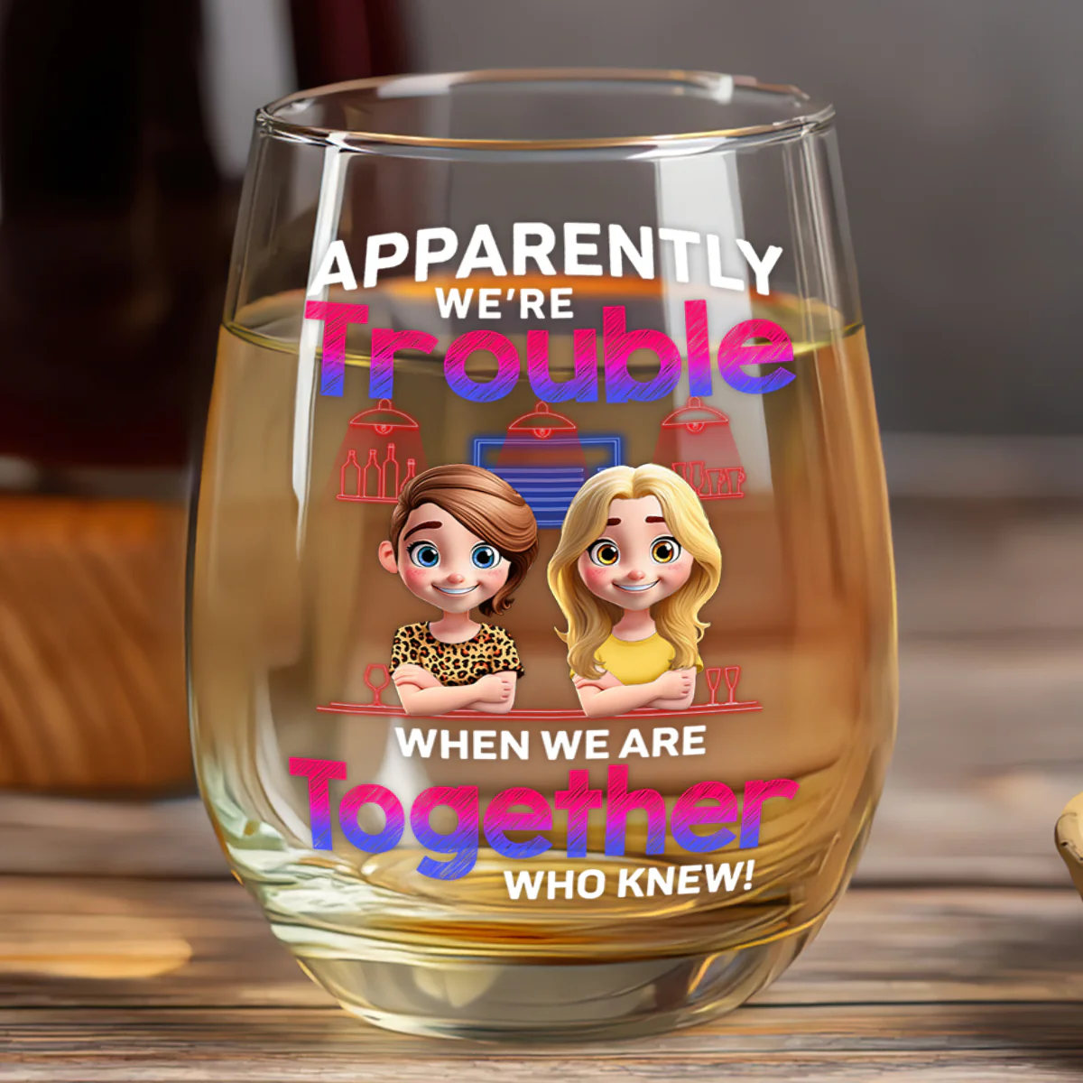 Apparently We're Trouble - Personalized Stemless Wine Glass - Image 5