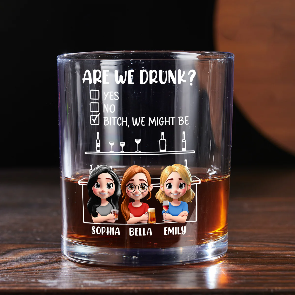 Are We Drunk - Personalized Round Whiskey Glass - Image 5
