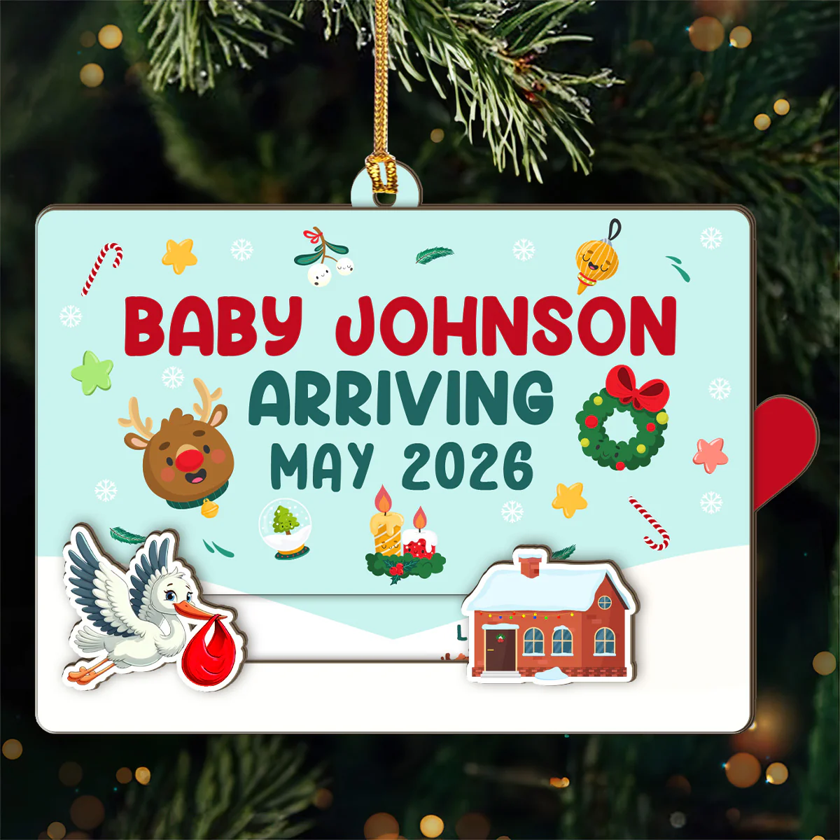 Baby Arriving Announcement - Personalized Wooden Slider Ornament