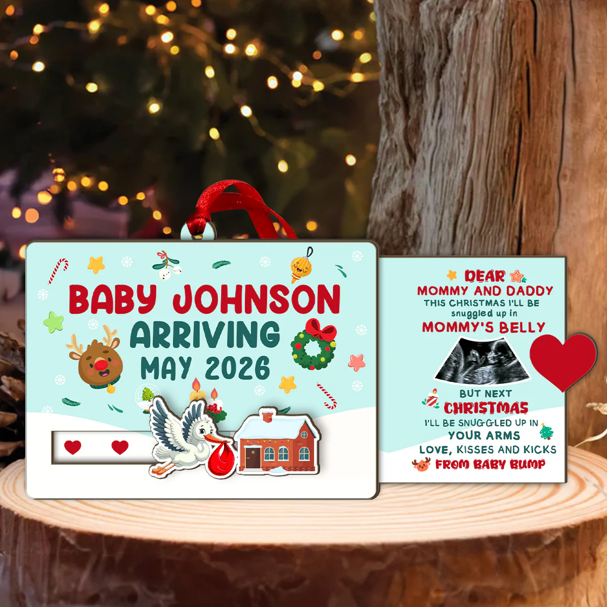 Baby Arriving Announcement - Personalized Wooden Slider Ornament - Image 2