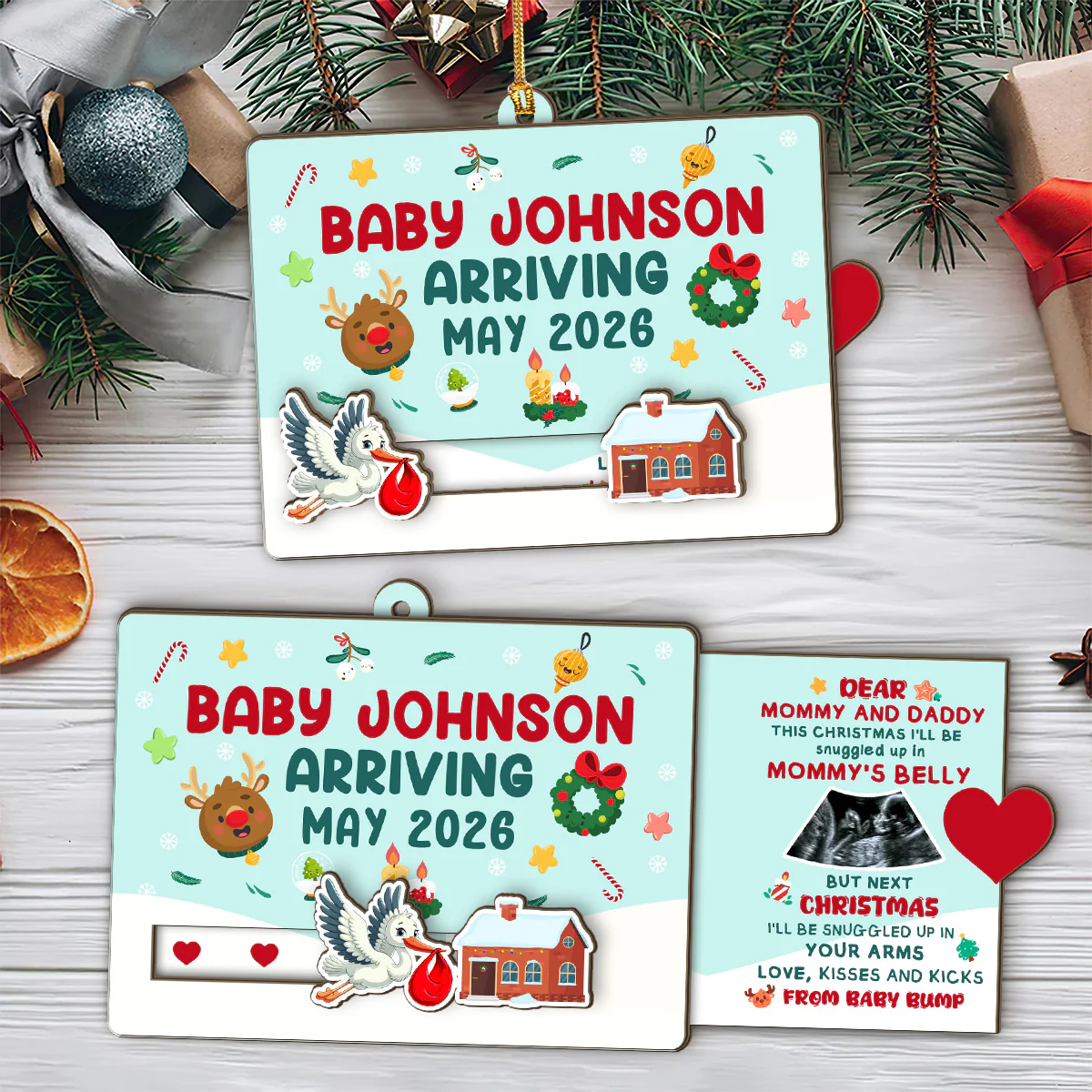 Baby Arriving Announcement - Personalized Wooden Slider Ornament - Image 3