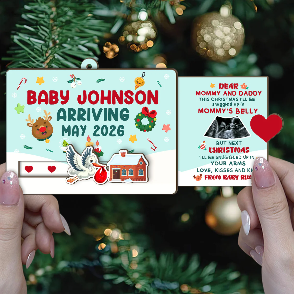Baby Arriving Announcement - Personalized Wooden Slider Ornament - Image 4