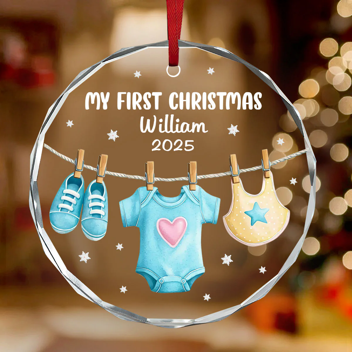 Baby Clothes For First Christmas - Personalized Round Shaped Glass Ornament