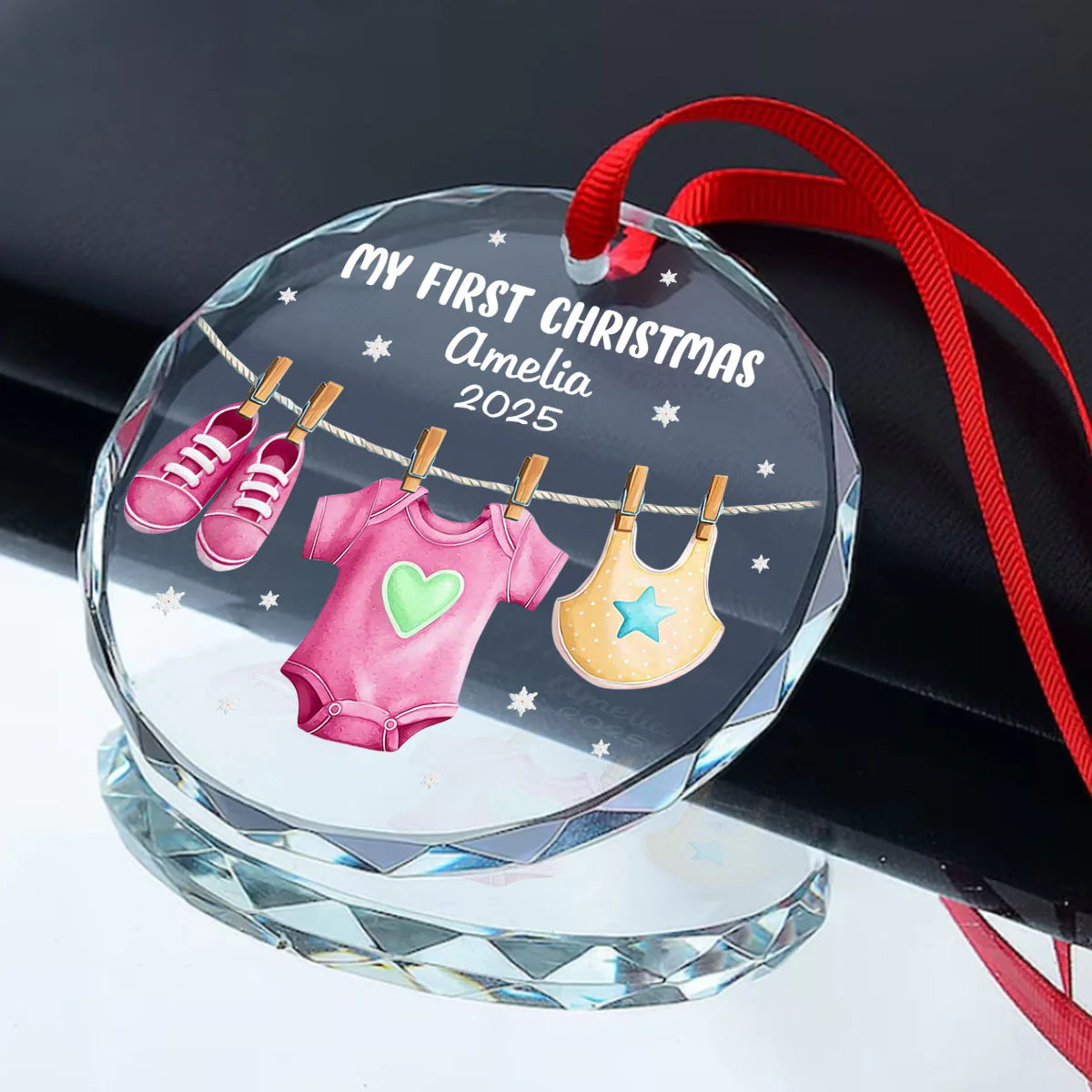 Baby Clothes For First Christmas - Personalized Round Shaped Glass Ornament - Image 2