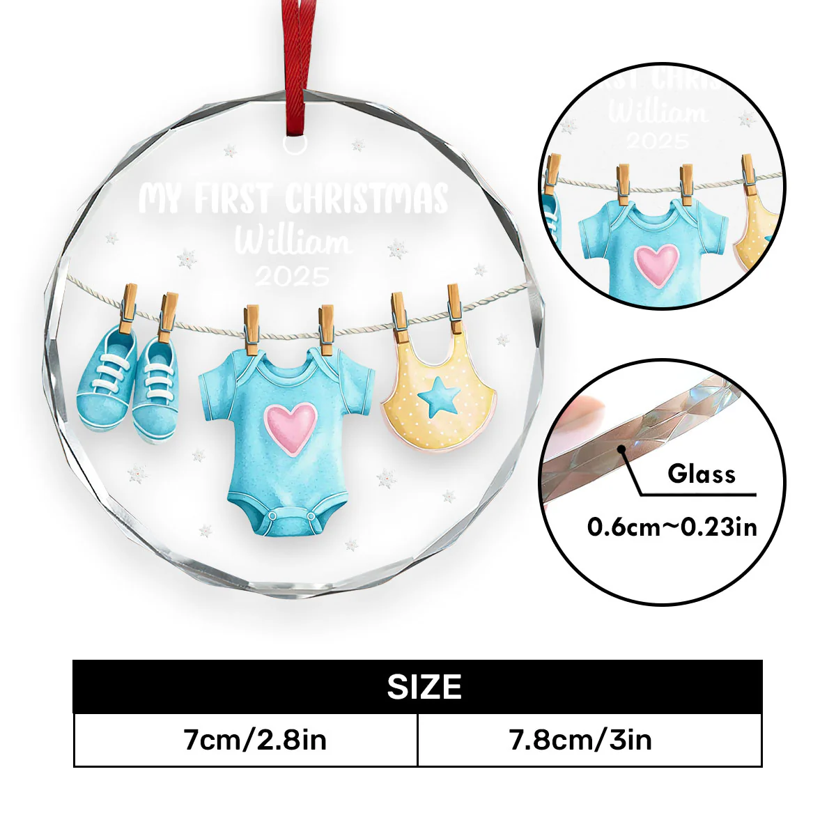 Baby Clothes For First Christmas - Personalized Round Shaped Glass Ornament - Image 5