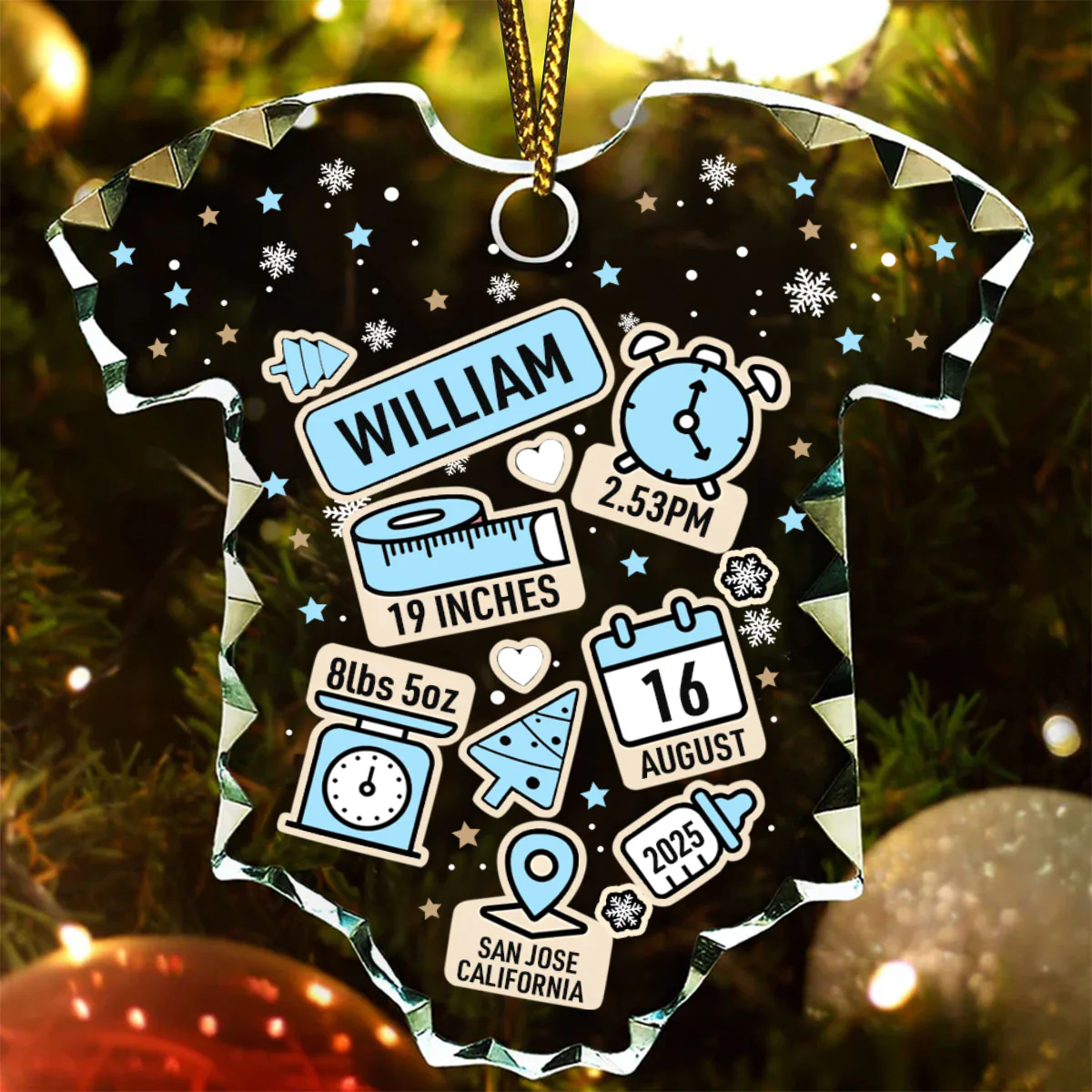 Baby First Christmas Birth Index - Personalized Onesie Shaped Glass Ornament - Image 3