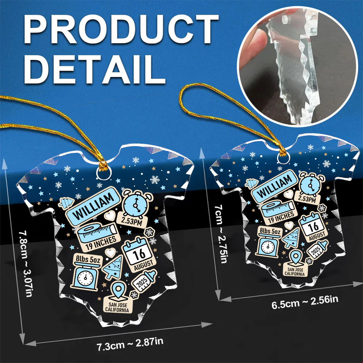 Baby First Christmas Birth Index - Personalized Onesie Shaped Glass Ornament - Image 7