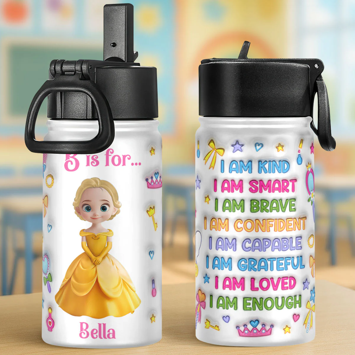 Baby Princess Back To School 3D Inflated Effect - Personalized Kids Stainless Steel Water Bottle