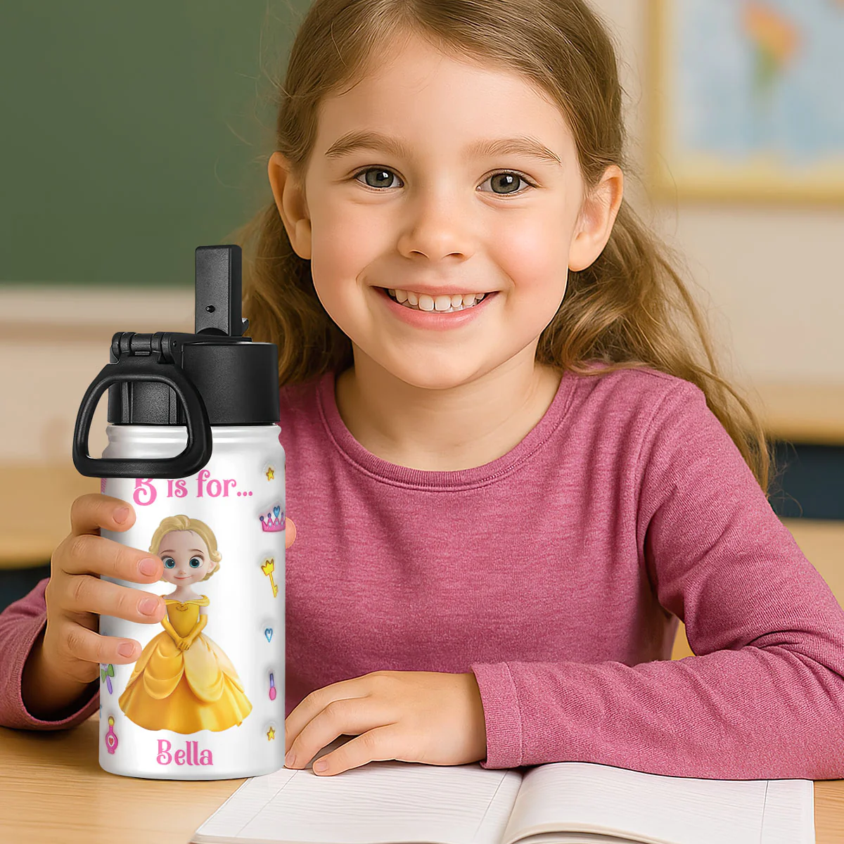 Baby Princess Back To School 3D Inflated Effect - Personalized Kids Stainless Steel Water Bottle - Image 2