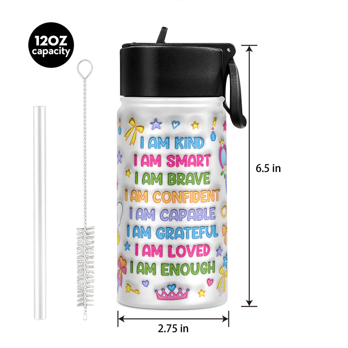 Baby Princess Back To School 3D Inflated Effect - Personalized Kids Stainless Steel Water Bottle - Image 5