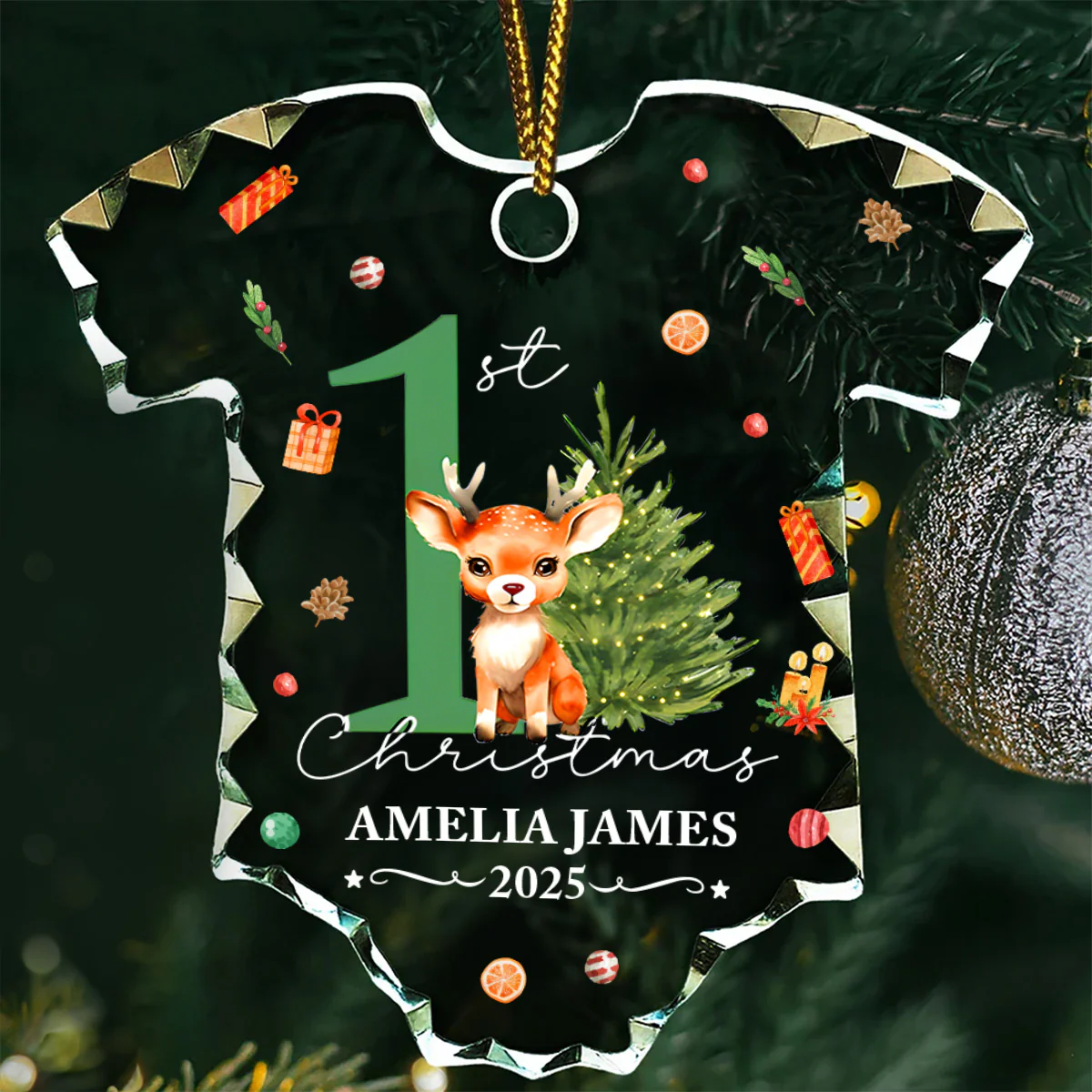 Baby Reindeer First Christmas - Personalized Onesie Shaped Glass Ornament