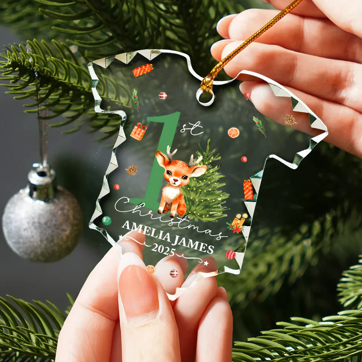 Baby Reindeer First Christmas - Personalized Onesie Shaped Glass Ornament - Image 2