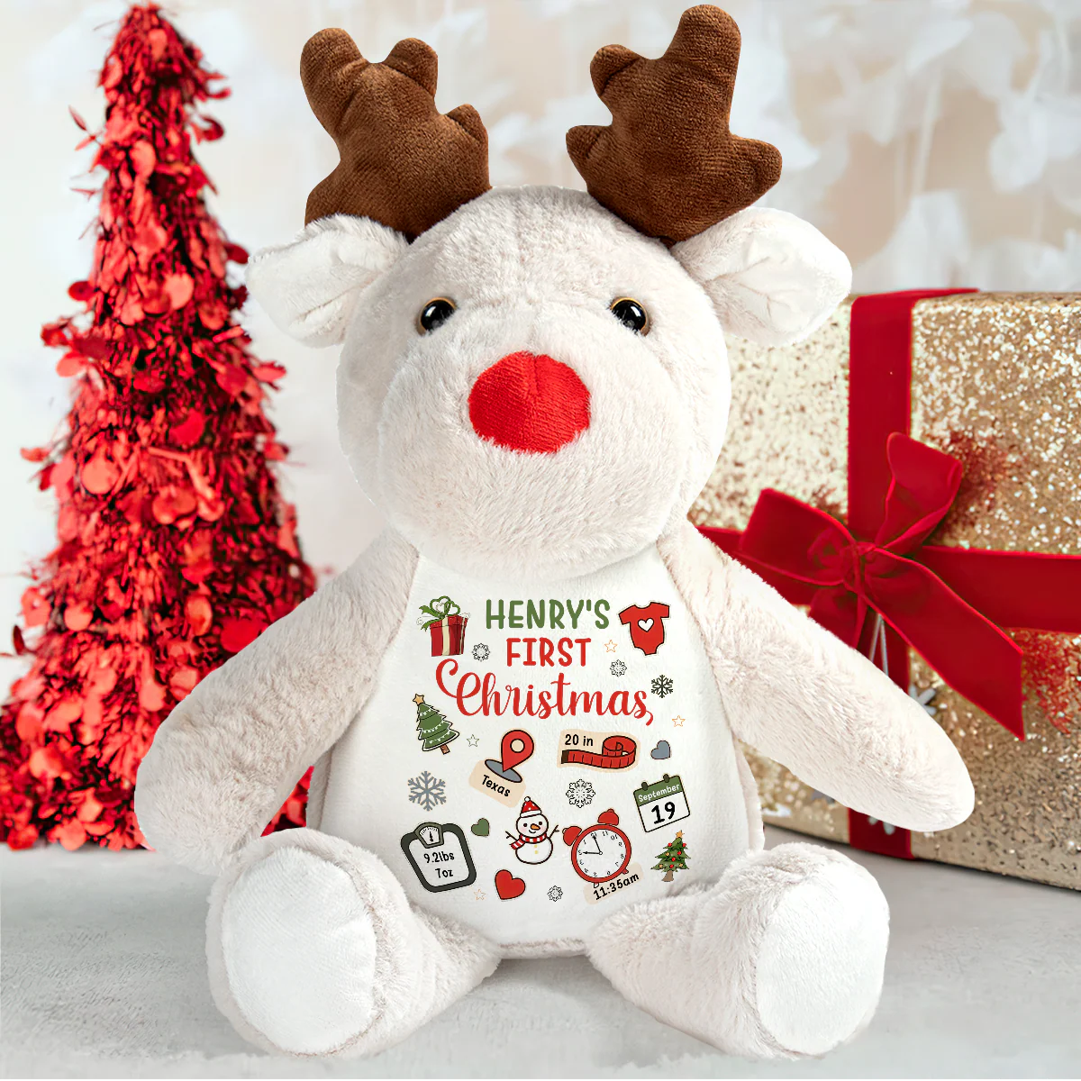 Baby's First Christmas Birth Index - Personalized Stuffed Reindeer - Image 5