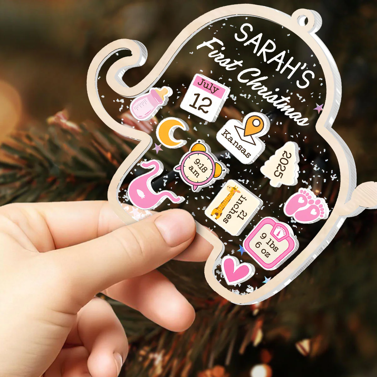 Baby’s First Christmas Elephant Treasure - Personalized 3 Layered Christmas Shaker Ornament - Image 2