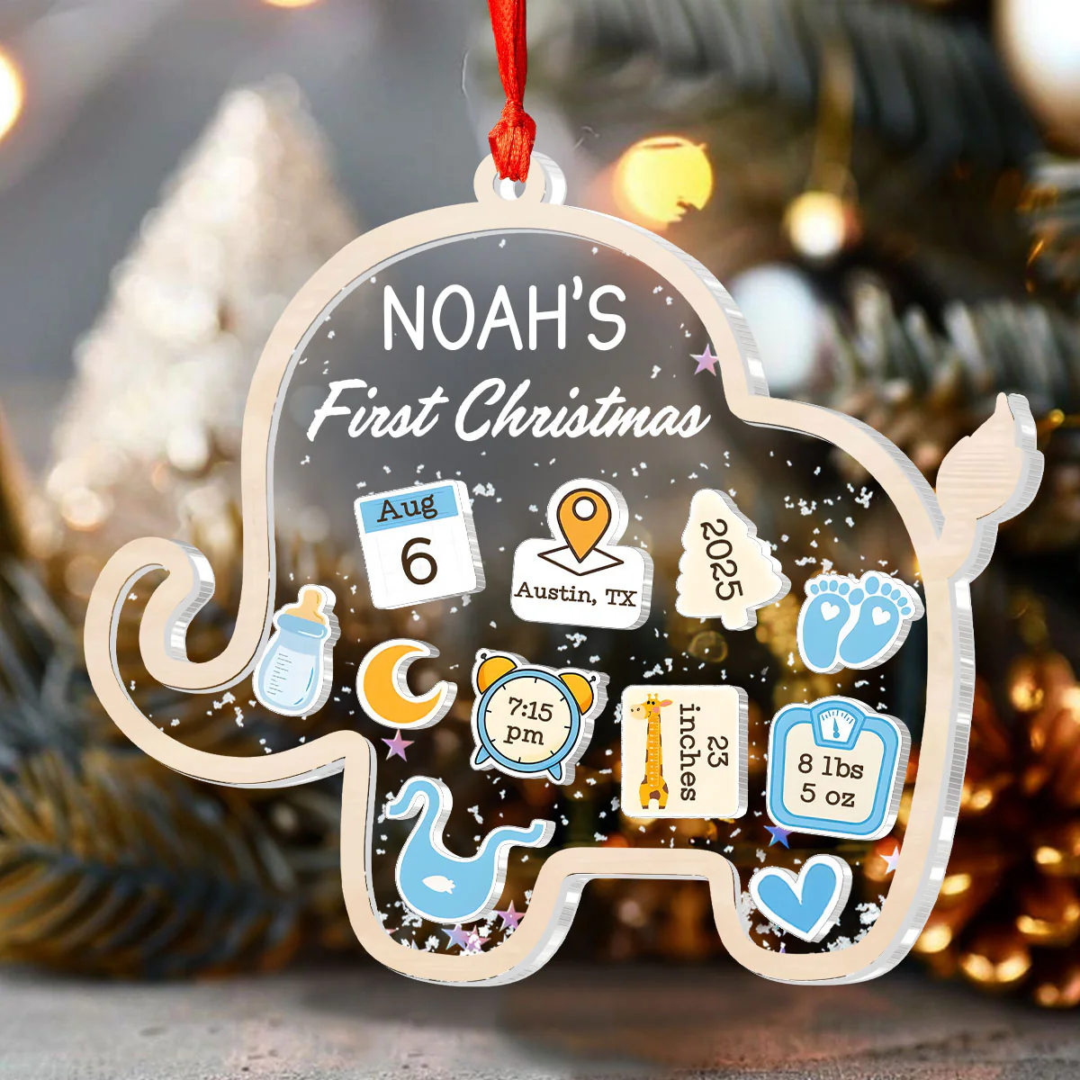 Baby’s First Christmas Elephant Treasure - Personalized 3 Layered Christmas Shaker Ornament - Image 3