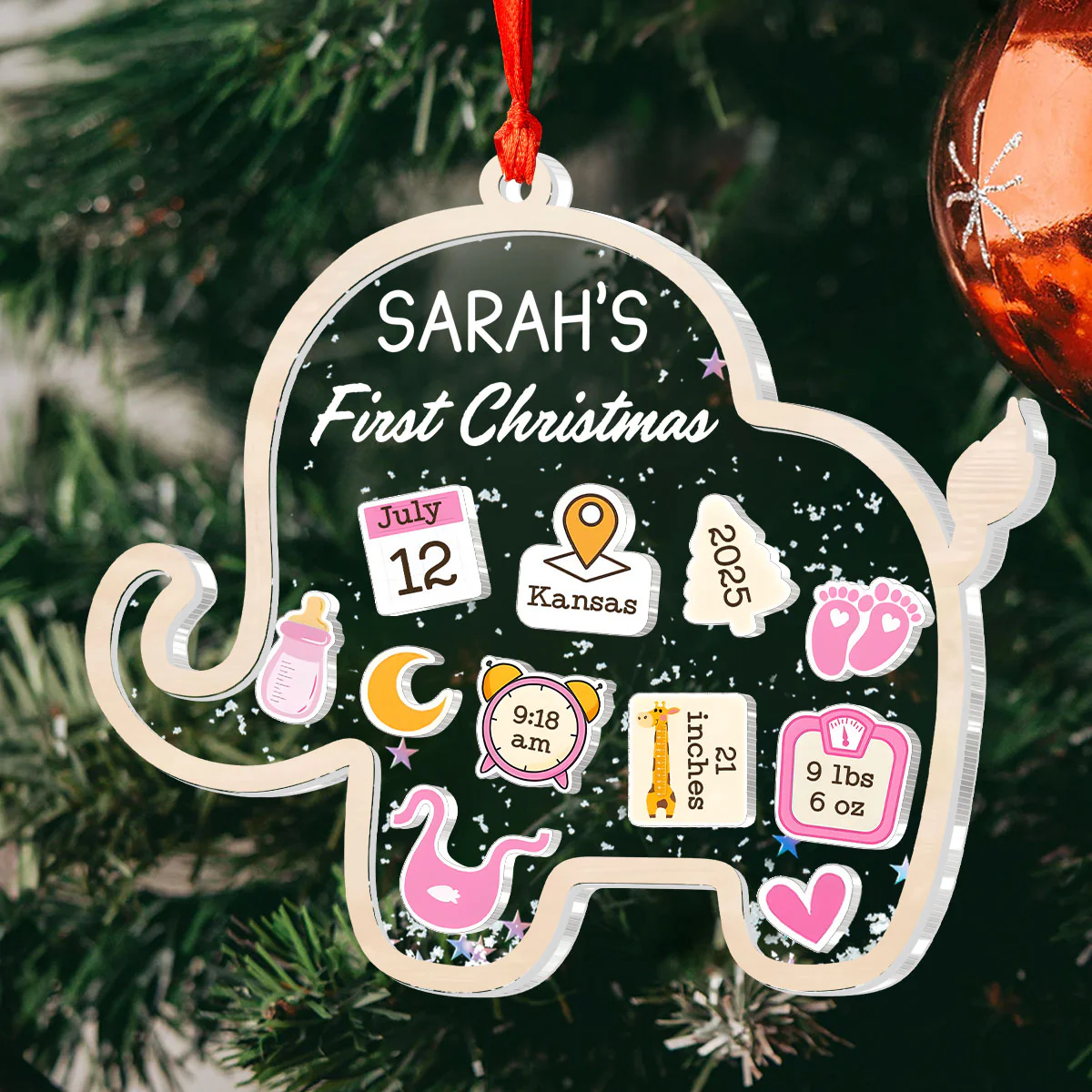 Baby’s First Christmas Elephant Treasure - Personalized 3 Layered Christmas Shaker Ornament - Image 4